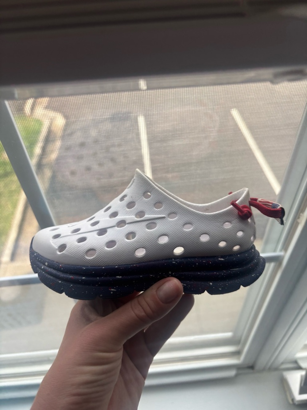 Kane Footwear Kids White Slip-On Sandal with Navy Speckled Sole